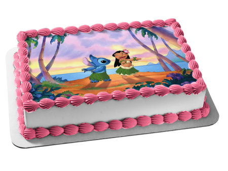 Lilo and Stitch Hula Dance Grass Skirt Flowers Sunset Edible Cake Topper Image ABPID52228 Online Hot Sale